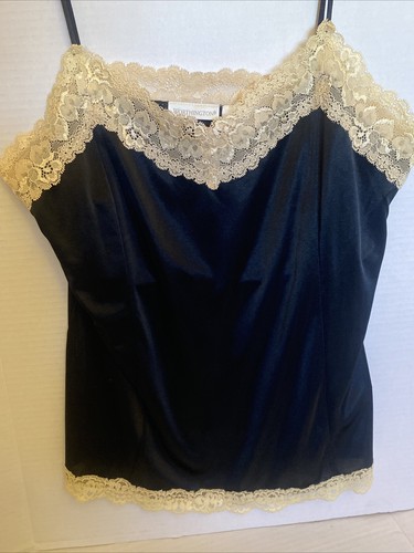 Vtg. Worthington Sz.Large Black Satin Cami Cream Ivory Lace Trim Top Camisole - Picture 8 of 16