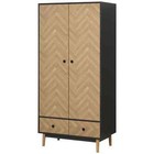 Modern Wardrobe Cabinet Wood Grain Sticker Surface with Shelf, Hanging Rod and 2