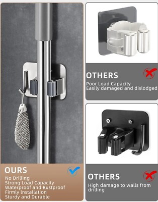 FENOMO Porta Scopa e Mocio Porta Scopa a Parete Porta Scopa in Acciaio Inox Porta Mop Autoadesivo Heavy Duty Ganci Organizzatore di Stoccaggio con 4