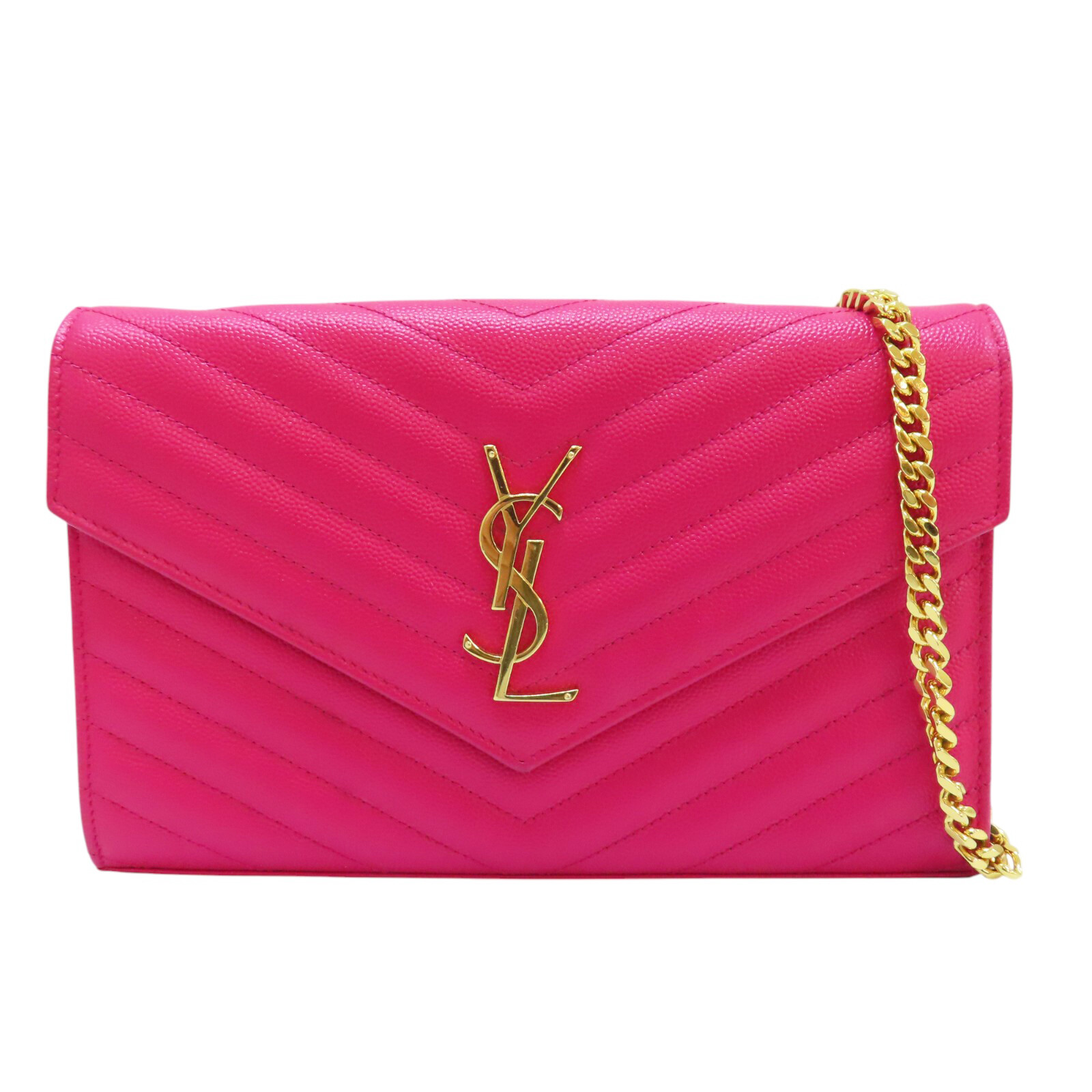 SAINT LAURENT Chevron portafoglio su catena borsa a tracolla rosa vitello 377828