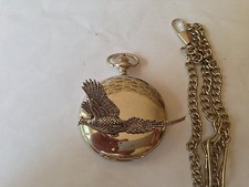 B24 Rising Pheasant polished silver case mens GIFT quartz pocket watch fob