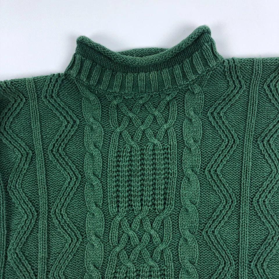 Vintage Roll Collar Cable Knit Green Sweater Womens 1X Fisherman 90s - Image 2 of 4