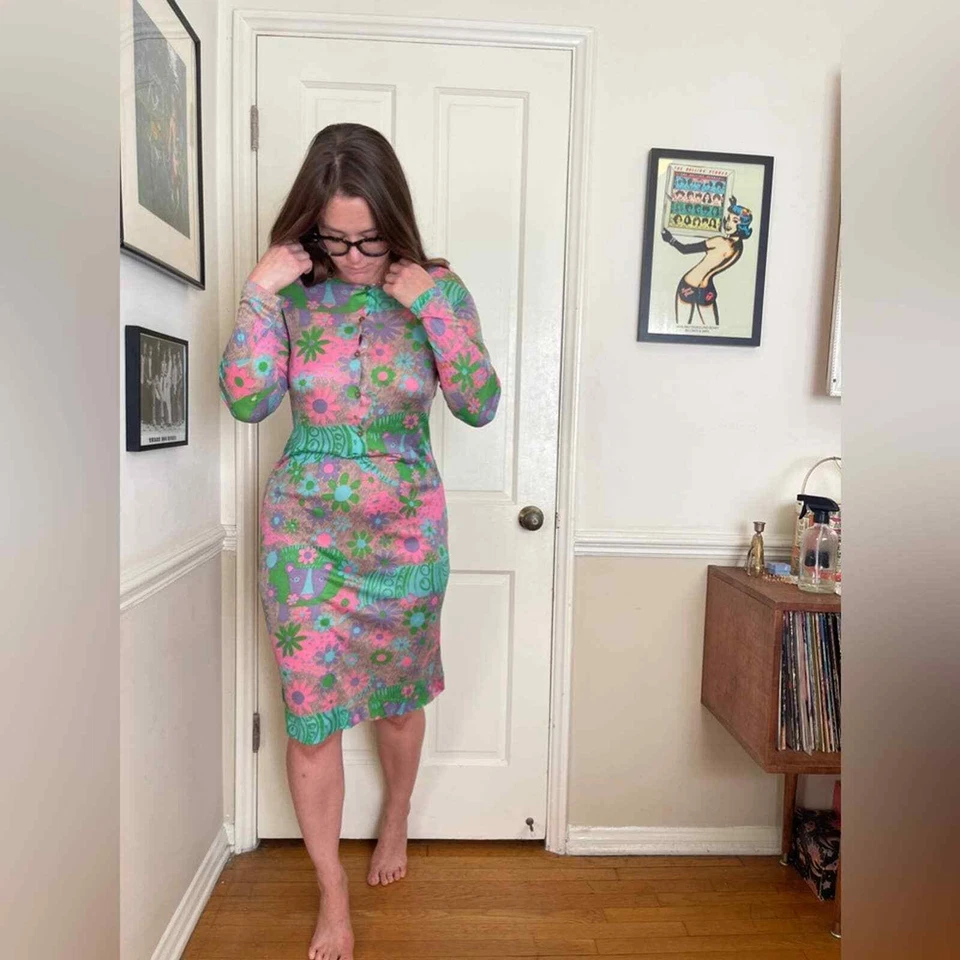 Vestido Vintage Años 60 Diane Von Furstenberg Elástico Seda Gato Grande Estampado Novedad Foto 2 de 4