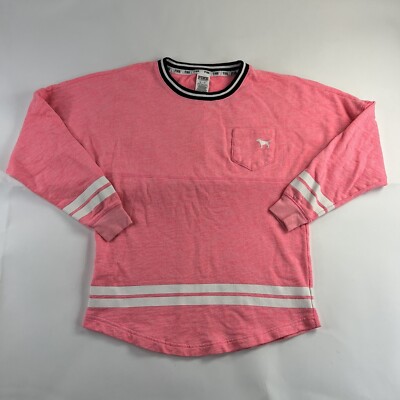 Pink Victoria s Secret Shirt XS Pink Women Spellout Pocket Long Sleeve Used #63