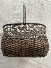 Antique Victorian-Style Mixed Media Wicker Rattan & Cast Metal Basket