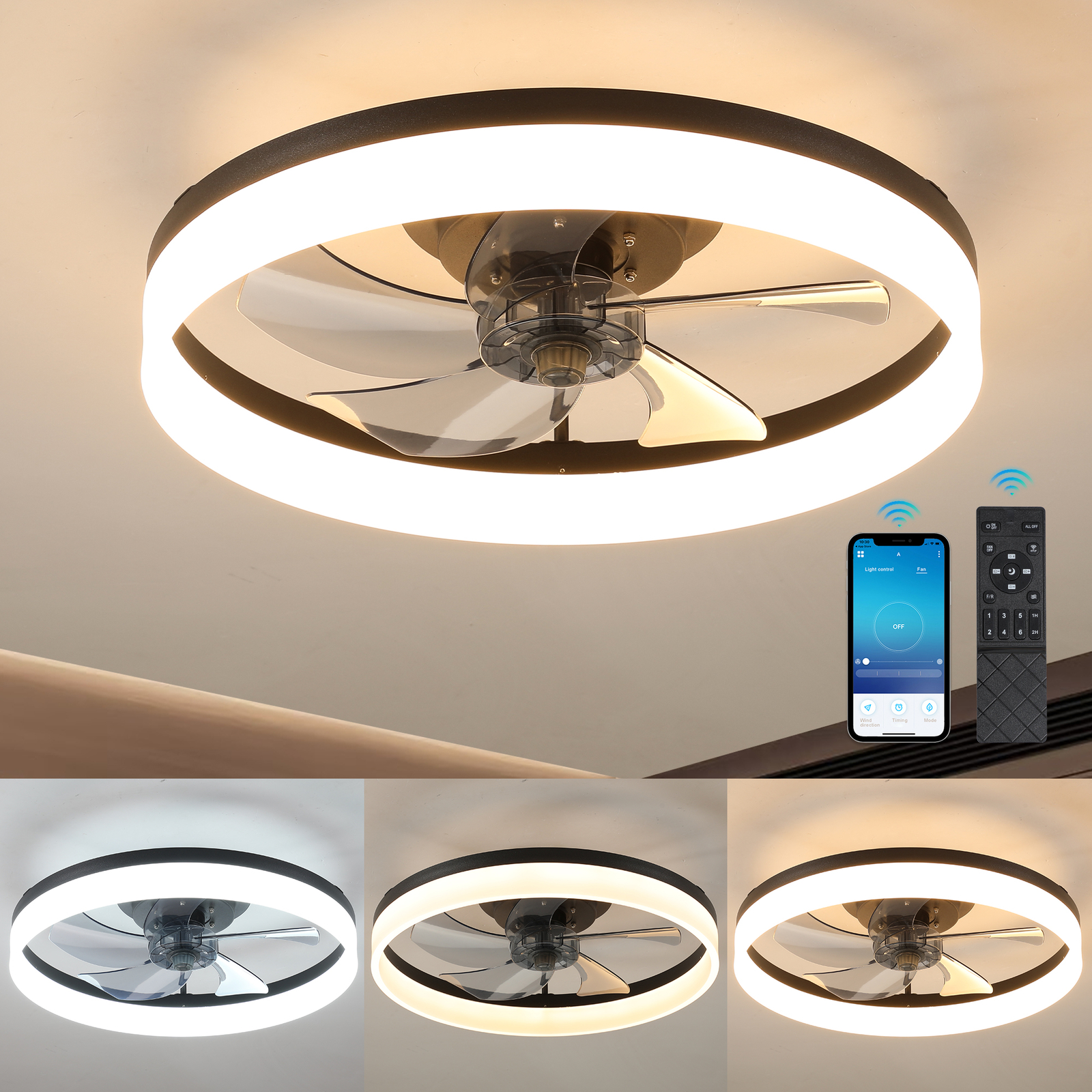 20 inch 3 Color LED with App & Remote Control Reversible Ceiling Fan Light Kit