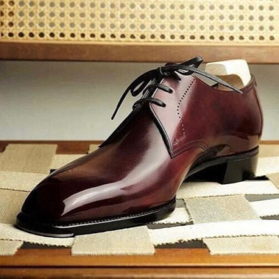 New Men's Handmade Maroon Leather Lace Up Dress Derby Wedding Shoes