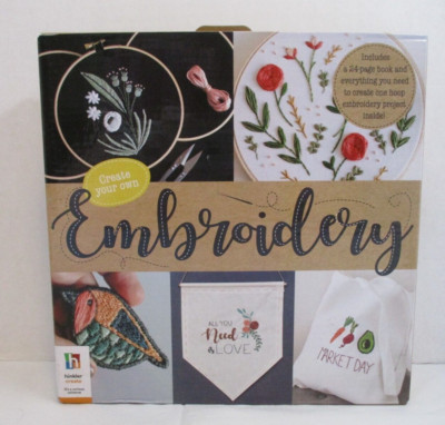 Hinkler Create Your Own Embroidery Kit Hoop Thread 2 Squares Fabric Booklet