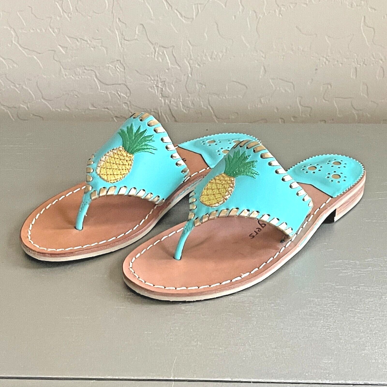 Jack Rogers 6 Caribbean Blue Gold Stitched Pineapple Thong Leather Sandals  New! | eBay