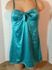 VICTORIA'S SECRET Silky SATIN Nightgown M 36 Buttons Green Purple Dots Vtg 2007