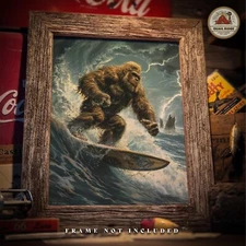 Vintage Sasquatch Bigfoot Surfing Art Print Surf Poster Beach House Wall Decor
