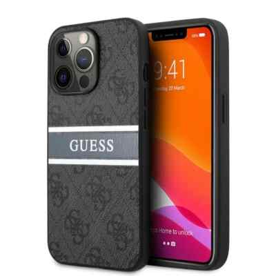 Original Guess 4G Printed Leather Pattern Stripe Case For iPhone 13 Pro Max - Grey