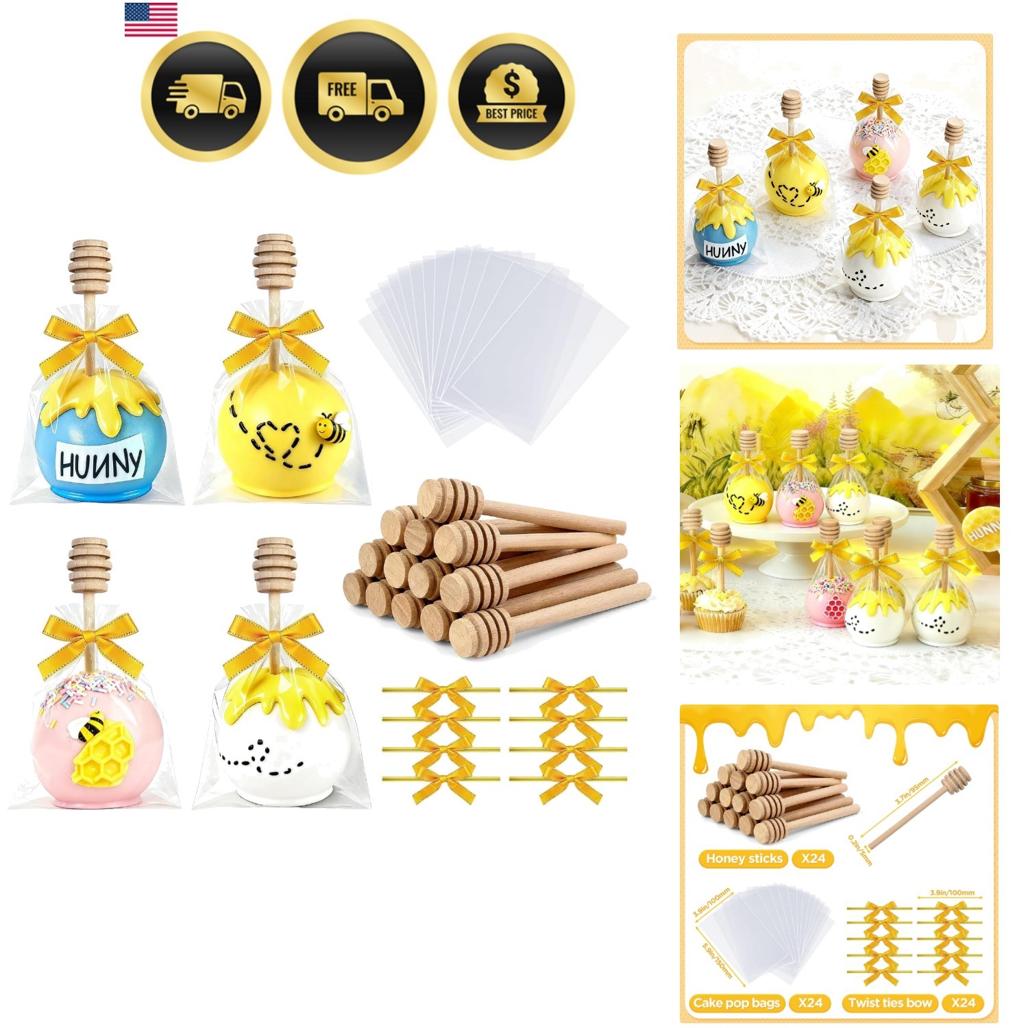 24 juegos de palitos y envoltorios para pasteles incluyen palitos de miel, bolsas para pasteles con...