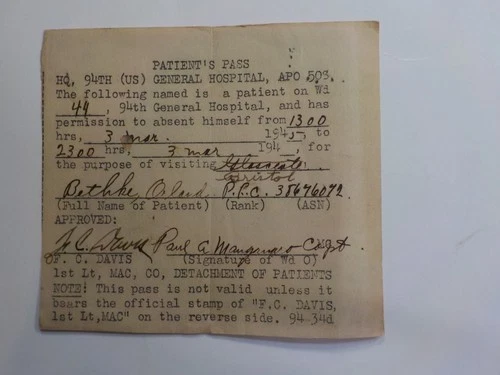 WW2 Pass Wounded In Action Luxembourg Soldier 319th Infantry War Military WWII