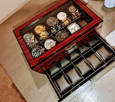 Watch Display Case 20 Slot Luxury Wood Leather Organizer Storage Glass Lid Box