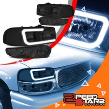 4PC LED DRL HEADLIGHT+BUMPER LAMP SMOKED/CLEAR FOR 2000-2006 YUKON SIERRA DENALI