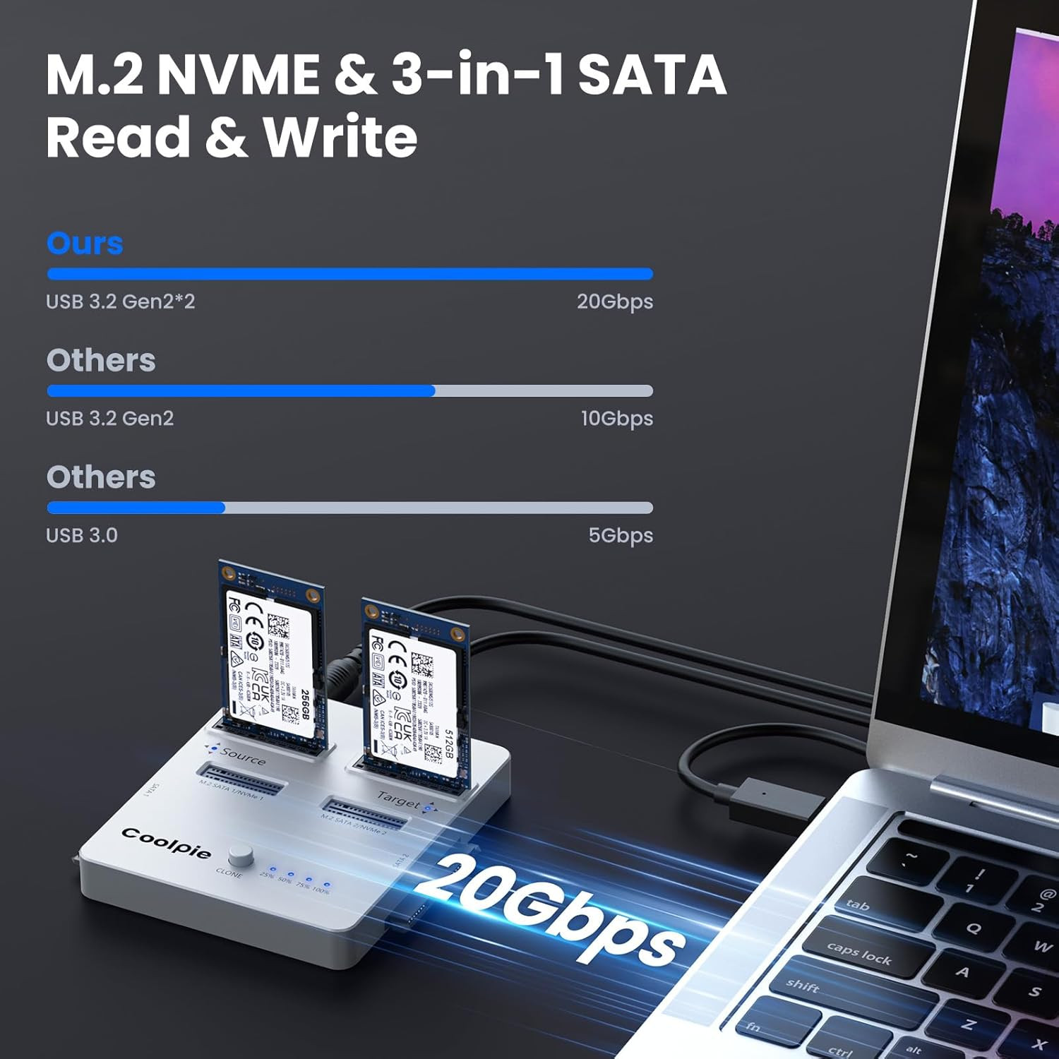NVME/SATA 3-in-1 SSD Cloner Coolpie CR311 Offline Clone M.2 Reader USB3.2 G HDD 