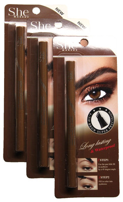 She Makeup 4 Tip Brow Super Precision Crayon Waterproof BROWN Pack of 3