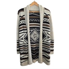 JJ Basics Beige Brown Black Aztec Western Open Front Cardigan Sweater Size Large