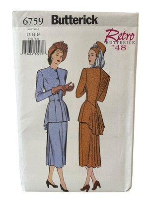 Butterick 6759 Misses' Top & Skirt Sewing Pattern Size 12-16 Retro 1948
