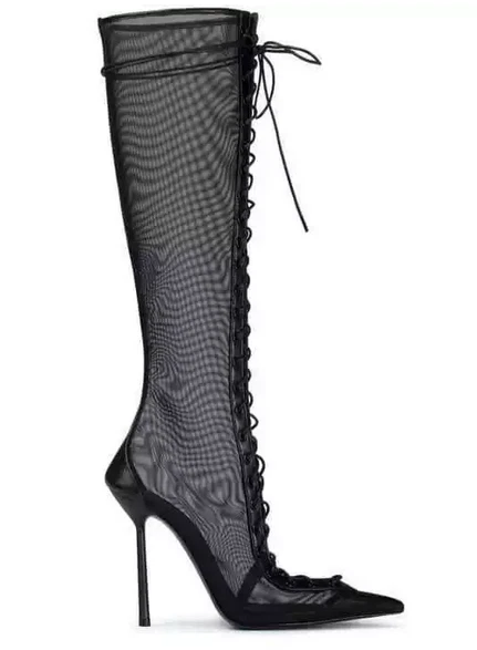 Mujeres Malla Hueca Punta abierta Con cordones Sobre la rodilla Muslo Botas Tacones Altos Tacones de aguja Foto 3 de 4