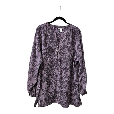 Croft & Barrow Womens 1X Blouse Top Purple Roll Tab Sleeves Pockets Split V-Neck