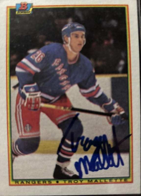 Troy Mallette New York Rangers autographed hockey card (1990-91 Bowman #219)