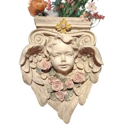 Vintage Baby Cherub Angel Head Wall Pocket Planter Floral Plaster Resin 7x9''