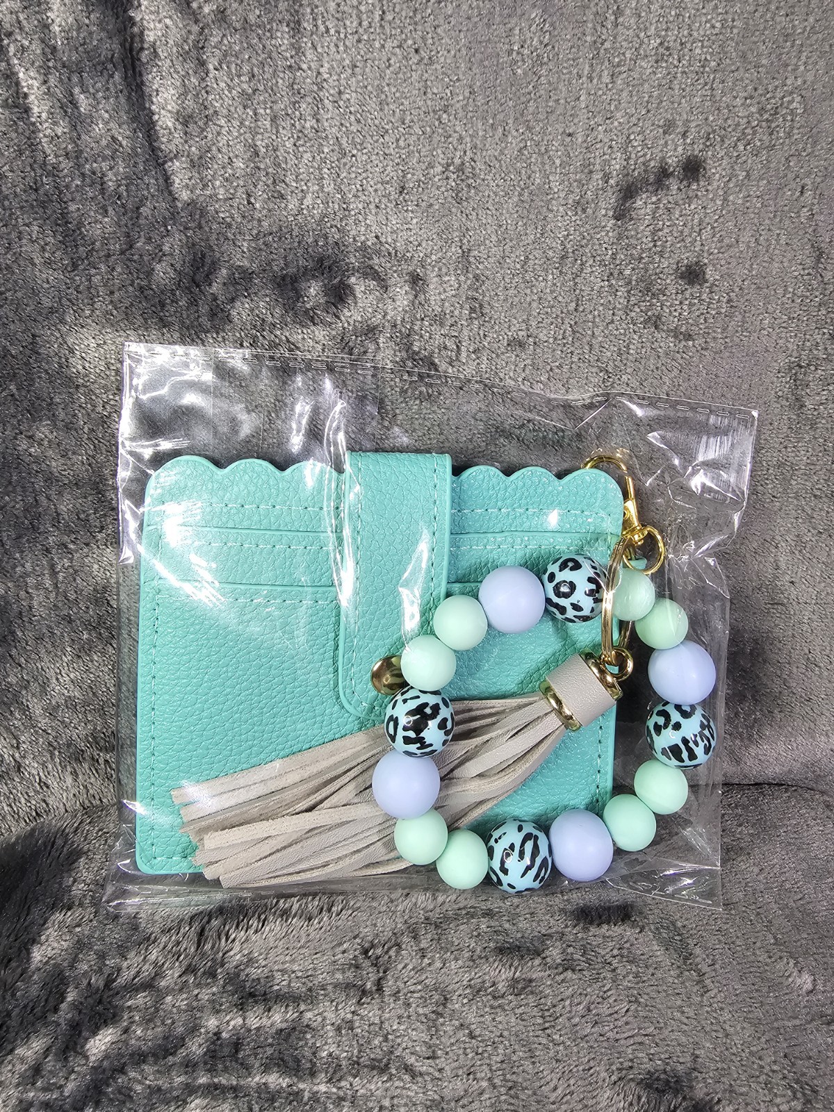 Mint Green Cheetah Print Card Holder With Keychain And Grey Tassel
