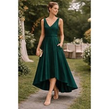Alfred Sung D723S Hunter Green Satin High Low Gown Pockets Sz 12 NWT