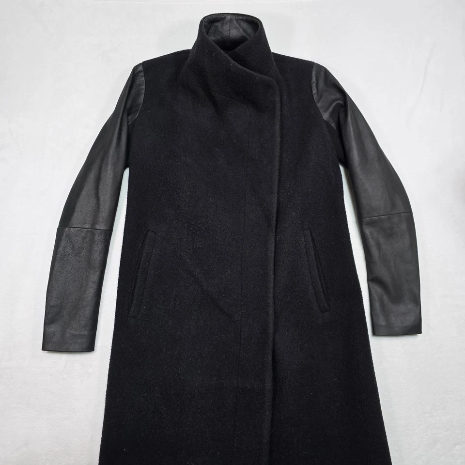Theory "Tinn" Long Coat Women XS Goat Leather Wool Cashmere Bib Lapel Asymmetric - Image 4 of 4