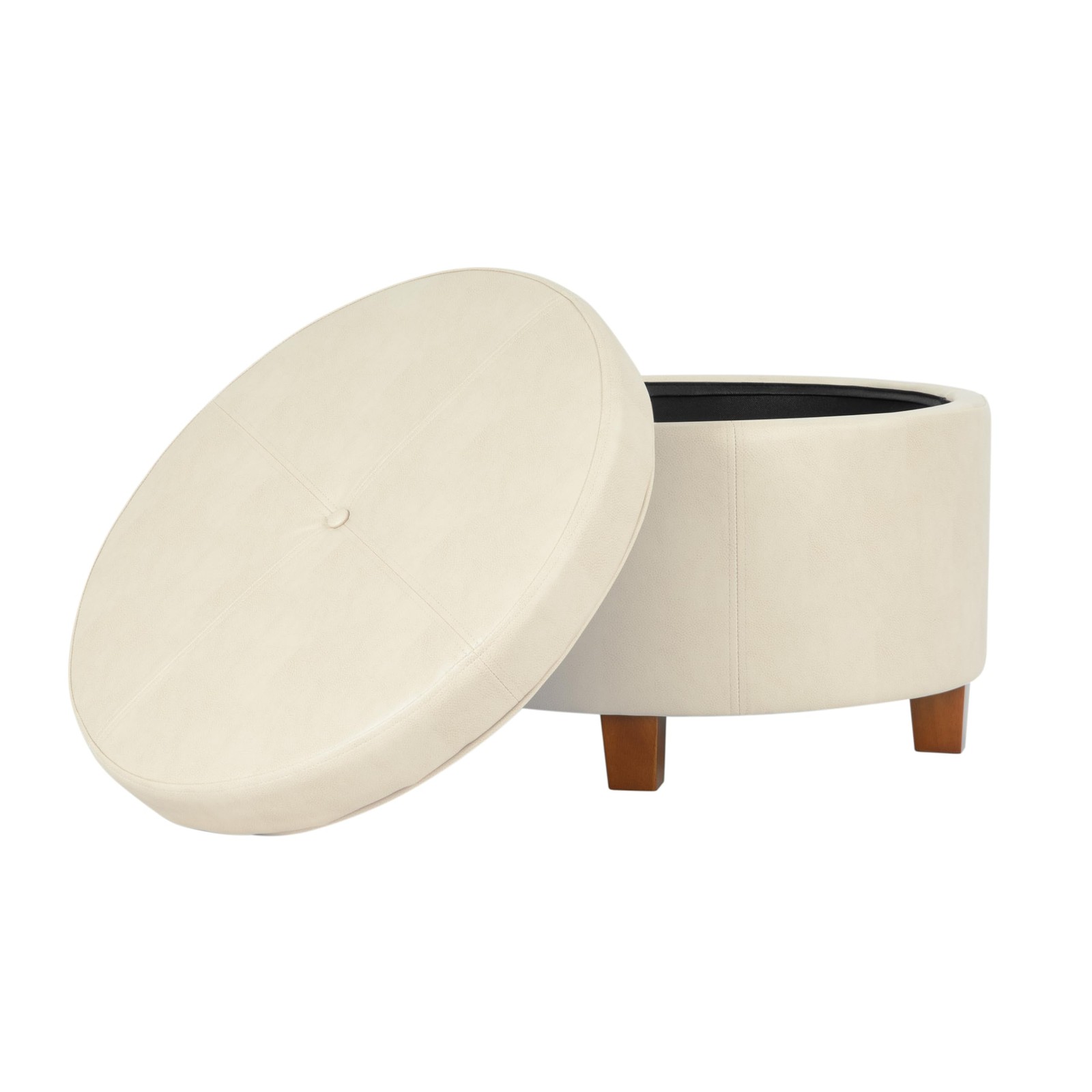 Large Leatherette Round Storage Ottoman with Removeable Lid, Cream