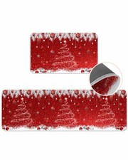 Set of 2 Christmas Kitchen Rugs Set, Red Sparkle Ornaments Washable Kitchen M...