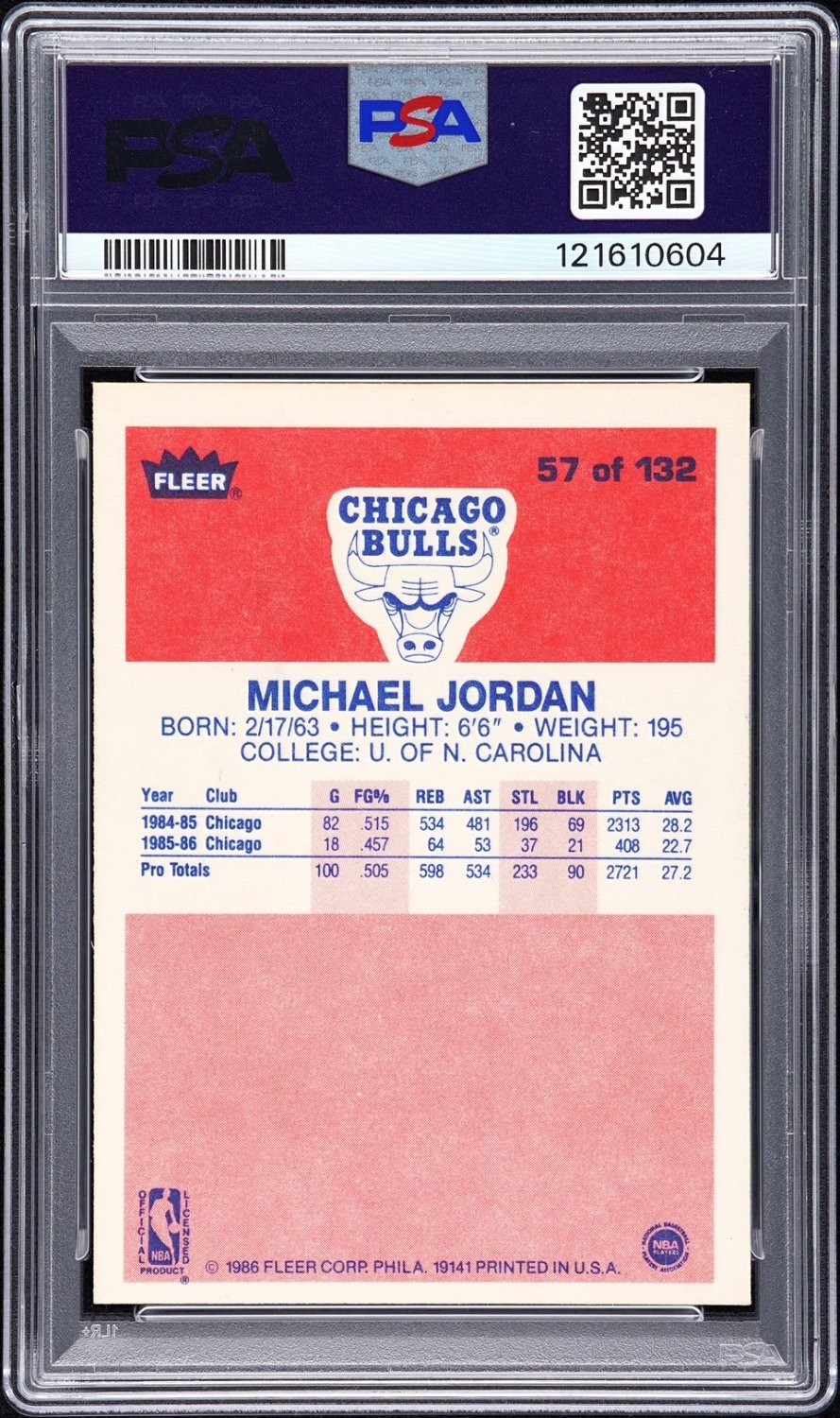 1986 FLEER MICHAEL JORDAN #57 ROOKIE RC PSA 7 NM Q0842 view 2