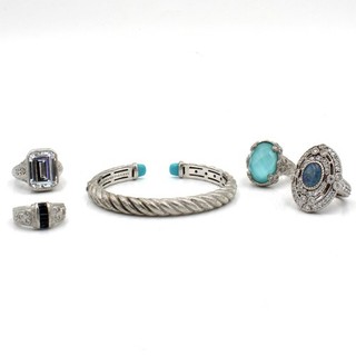 Judith Ripka Sterling CZ Turquoise Sapphire Cuff Bracelet Ring Lot of 5 #S4614 2