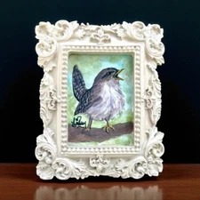 ORIGINAL Carolina Wren bird watercolor painting in vintage style ornate frame