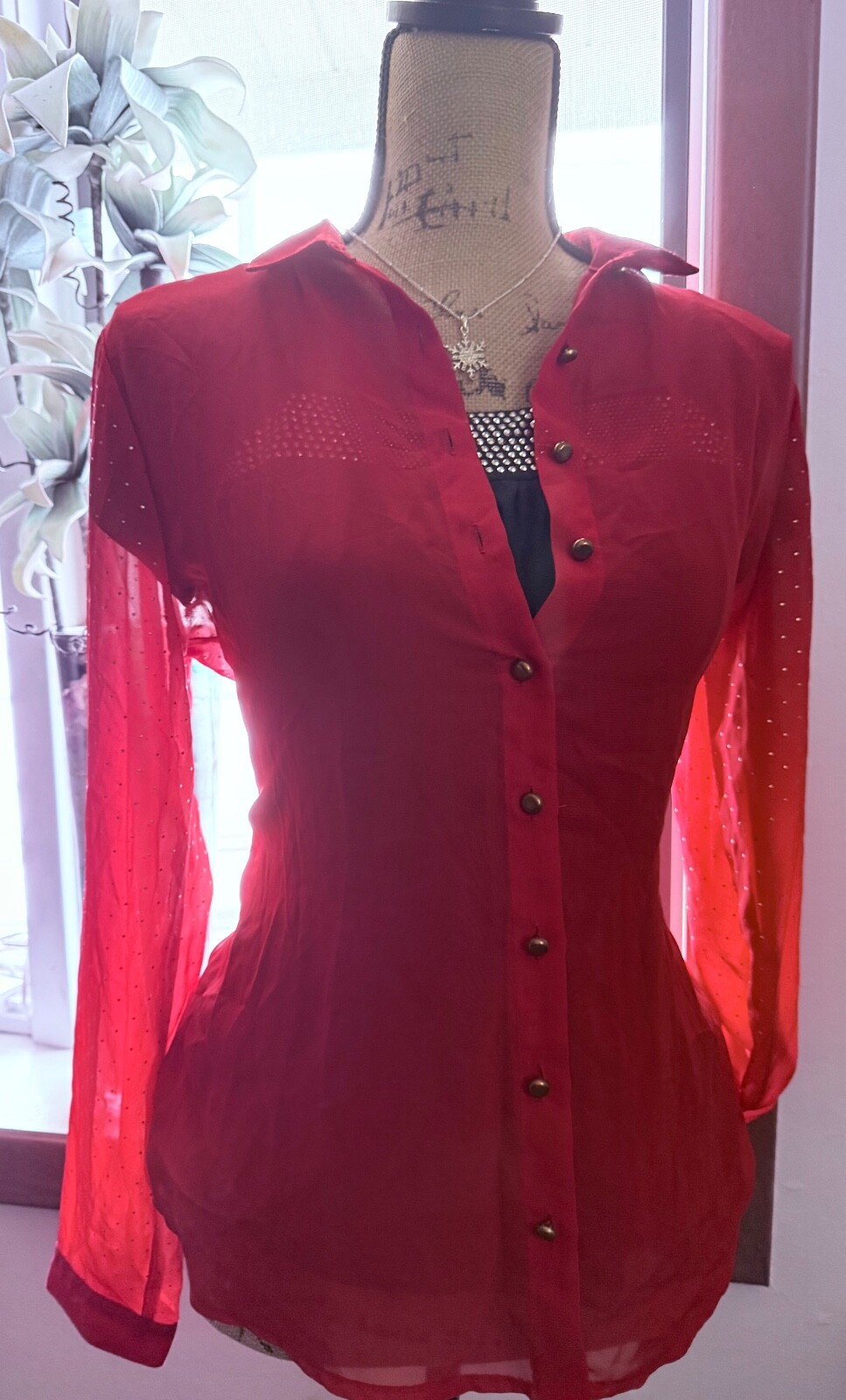 Notations Sheer, Red Studded Button-Up Blouse,  S… - image 10