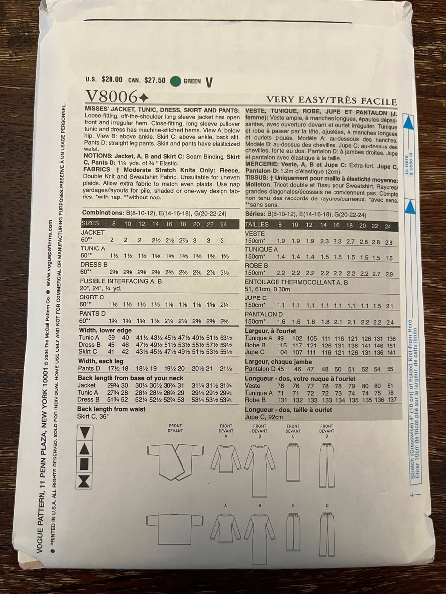 Vogue V8006 UNCUT Sewing Pattern, Misses' Jacket, Tunic, Dress