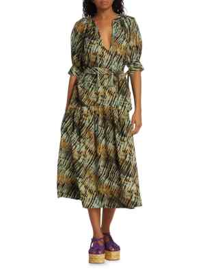 ULLA JOHNSON Selena Belted Printed Cotton-blend Coverup Dress color Sage size L