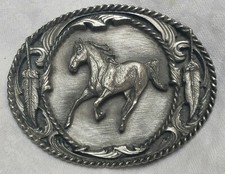 Siskiyou Galloping Horse Belt Buckle 3.25" Pewter 1996 Feathers Intricate EUC