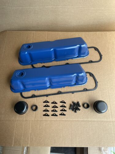 Ford SB 289 302 351 W Steel Valve Covers Ford Blue New Gasket + Grade 8 Bolts - Picture 2 of 11