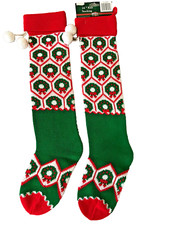 2 Christmas Stockings Holiday Seasons Stretch Knit Red Green White Cute 24" NWT