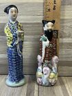 Lot Of 2 Antique Chinese Famille Rose Man & Woman Figurine Scroll Porcelain