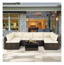7 Piece Rattan Sectional Sofa Set with Cushions   Furniture Couch Set For Patio