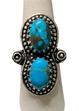 925 Sterling Silver Plated TURQUOISE 2-Stone Ring Free Size 6 7 8 9 10