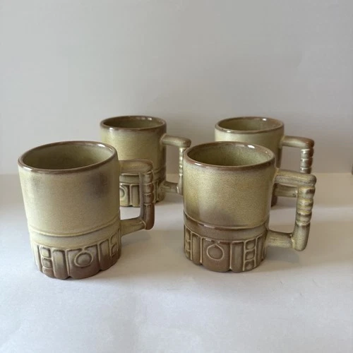 Frankoma Pottery Coffee Mugs Set of 4 Mayan Aztec Desert Gold 1970s Vintage MCM