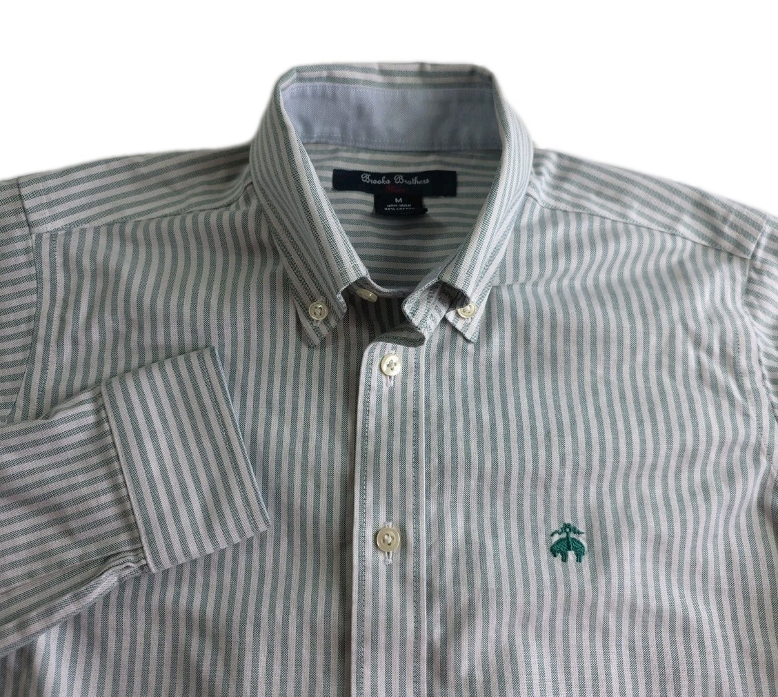 Brooks Brothers Fleece Boys MEDIUM STRETCH Shirt GREEN Stripe Embroidered Logo