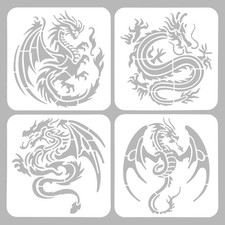 4 Pcs Stencils - 7.8x7.8 inch, Reusable Western  Chinese Large Dragon