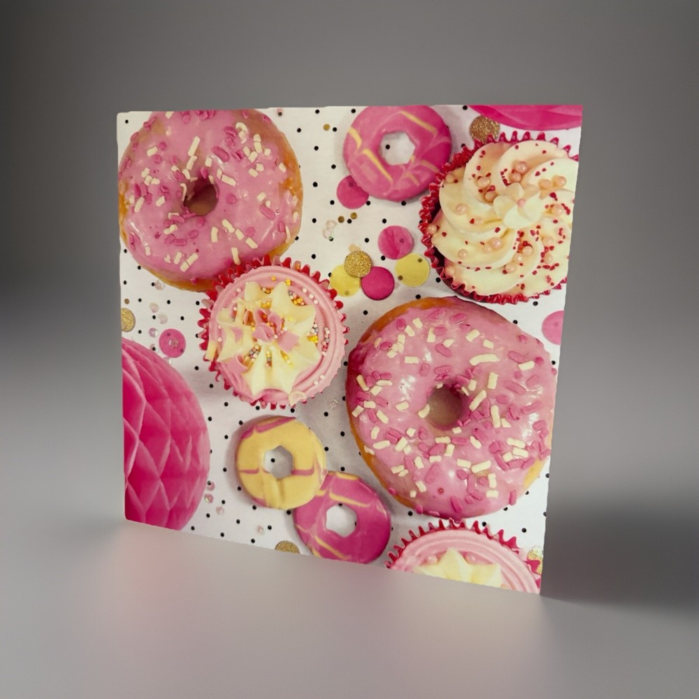 Happy Birthday Donut Card with Pom Pom Sealed 15cm x 15cm Party Gift