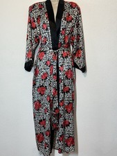 Vintage 80s Black Red Shiny Satin Floral Robe Long M/L Asian Inspired
